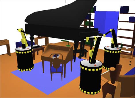 complex robots moving a piano